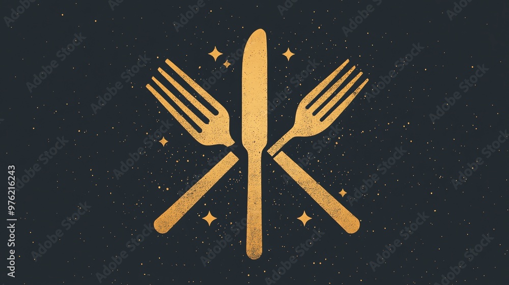 Poster a gold knife and two forks in a crossed pattern with a textured background.