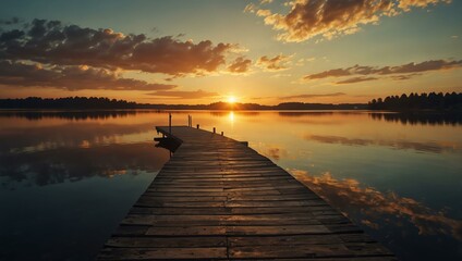 Sunset over a tranquil lake with a wooden pier.