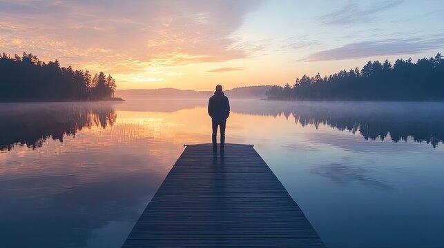 Fototapeta Man standing on a wooden pier looking at misty lake sunrise