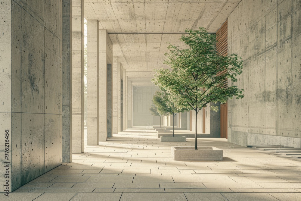 Aufkleber An isolated tree stands tall in a planter inside an empty building