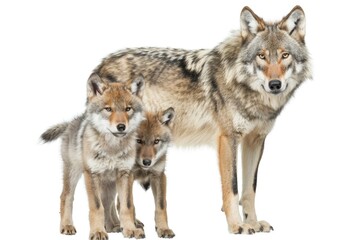 Fototapeta premium A mother wolf surrounded by her two adorable cubs in a forest setting
