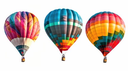Fototapeta premium Three colorful hot air balloons soar through a blue sky, a symbol of adventure and freedom