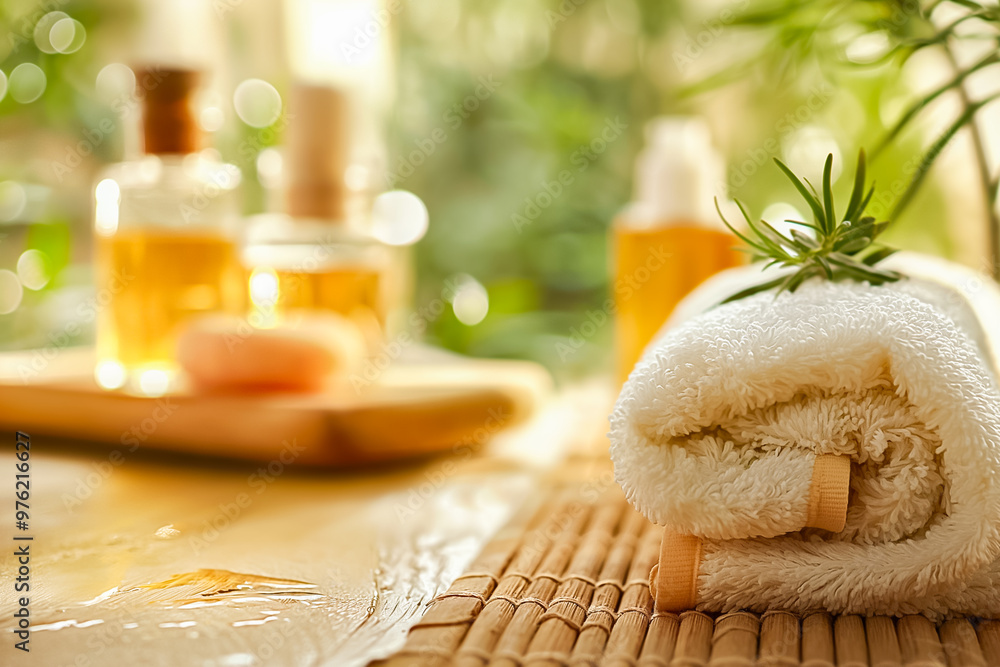 Poster soft towels and aromatic oils are arranged in a serene spa setting, with natural light illuminating 