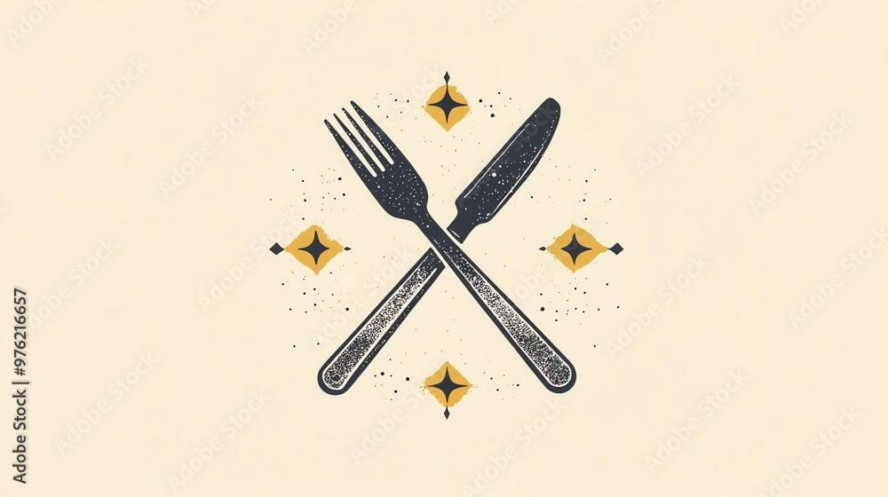 Poster a retro-style design featuring a fork and knife in a cross shape, surrounded by yellow diamonds.