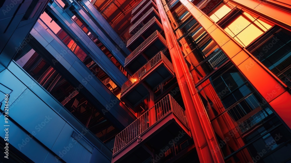 Poster a modern high-rise building with numerous windows and balconies, ideal for urban architecture or cit