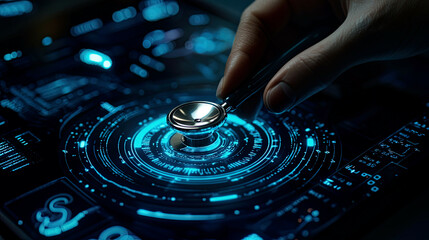 Macro shot of a doctor’s hand holding a stethoscope near a glowing virtual interface, displaying robotic surgery precision, advanced medical technology, sharp details, hyper-realistic