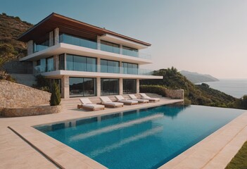 Obraz premium A beautiful white house with a refreshing pool in front