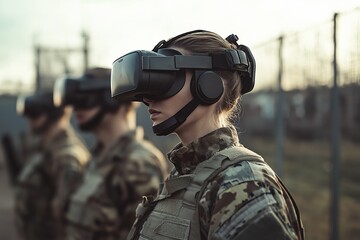 Fototapeta premium Soldiers training in virtual reality headset, immersive military simulation, technology in defense, military training advancement concept