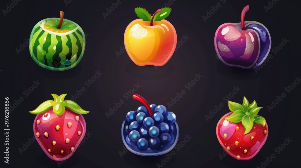 Poster a set of colorful fruit icons arranged on a dark, plain background