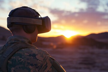 Soldier using virtual reality headset at sunset, immersive training experience, military technology concept