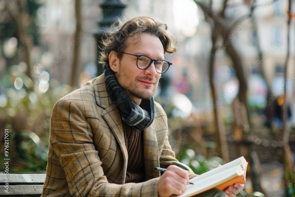 Poster A person relaxing and reading a book while sitting on a bench