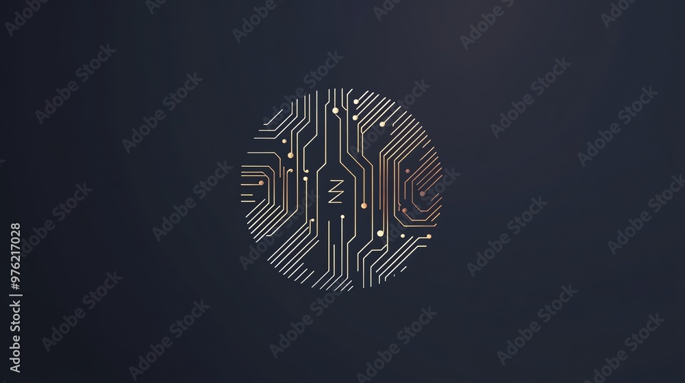 Poster abstract circular design with gold circuit board lines on a dark blue background.
