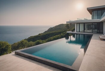 Fototapeta premium A beautiful white house with a refreshing pool in front