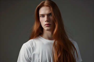 Close-up portrait of a very handsome young androgynous person with long red hair, green eyes, and a white t-shirt - isolated, dark background, copy space