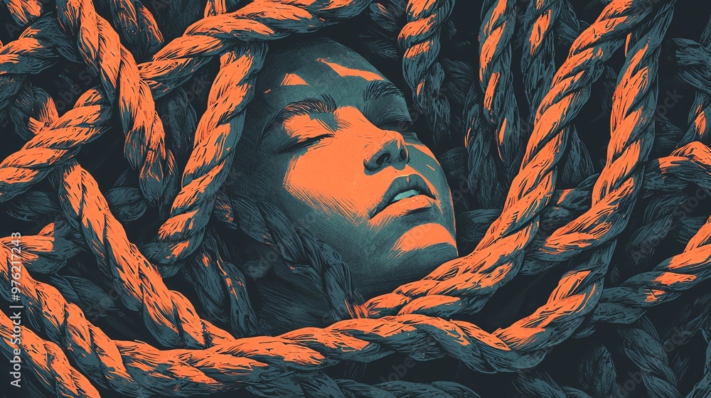 Poster A serene face partially surrounded by intertwined ropes, creating a striking visual of tension and tranquility in art.
