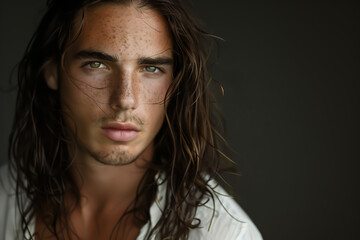 Close-up portrait of a very handsome Scottish young man with long hair, green eyes, freckles, and a white t-shirt - isolated, dark background, copy space