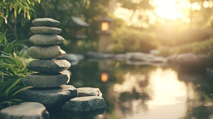 Obraz premium A serene garden scene with stacked stones by a tranquil pond, bathed in warm sunlight, perfect for relaxation and meditation.