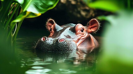 Fototapeta premium A serene hippo peacefully submerged in water, surrounded by lush greenery, showcasing nature's harmony and the beauty of wildlife.
