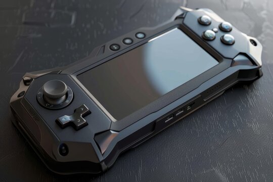 A sleek handheld gaming console lies on a textured surface, displaying its buttons and screen. The design reflects modern gaming aesthetics with a focus on usability.