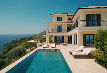 Fototapeta premium A beautiful white house with a refreshing pool in front