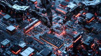 Macro shot of robotic arms placing components on a circuit board, glowing control panels in the background, precise PCB assembly, high-tech electronics manufacturing, hyper-detailed