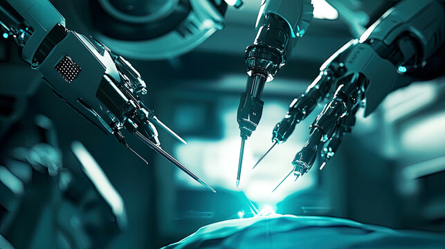 Macro shot of robotic arms performing a precise operation, minimal incisions, decreased blood loss, futuristic medical technology, fast healing time, sharp details, ultra-realistic