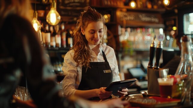 A woman wearing an apron uses a tablet at a bar, possibly taking orders or managing inventory