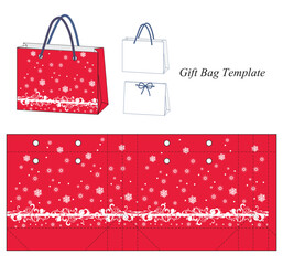 Christmas bag - Gift bag template, Winter design with snowflakes, red. Packaging Design isolated on white background, vector.