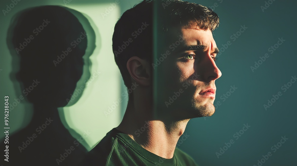 Aufkleber a thoughtful man stands in soft light, with contrasting shadows creating a dramatic effect in a sere