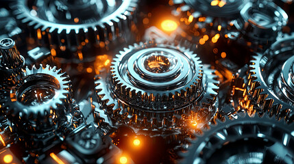 Macro view of robotic gears rotating smoothly, glowing reflections, intricate details