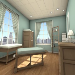 a room with a bed, desk and window