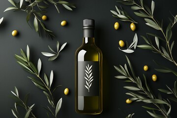 Olive oil bottle with fresh green olives, olive branches on dark background, healthy cooking concept