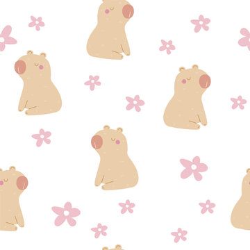 Cute cartoon capybara with pink flowers seamless pattern. Childish print. Vector hand drawn illustration.