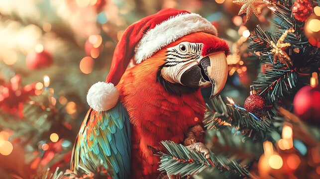 A vibrant parrot wearing a Santa hat, nestled among colorful Christmas decorations, capturing the festive spirit of the season.
