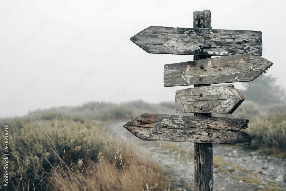 Poster A wooden sign with arrows pointing in different directions, often used as a navigation tool