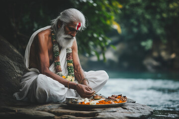 An elderly Indian priest preparing food offerings for Pitru Paksha ritual as ancestral worship.