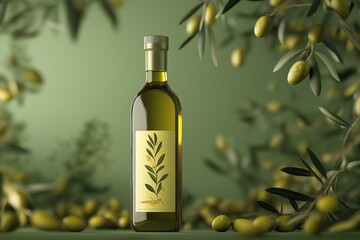 Close-up of olive oil bottle with label, surrounded by olives and olive branches, green background, natural lighting concept