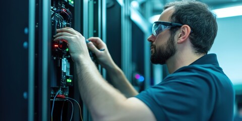A skilled technician is working on a server in a high-tech data center, focusing on intricate details and ensuring the system operates efficiently with advanced networking technology.