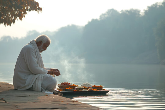 An elderly Indian priest preparing food offerings for Pitru Paksha ritual as ancestral worship.