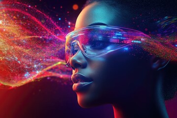 Futuristic woman with neon glasses and vibrant digital trails