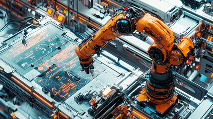 Overhead shot of an industrial robot arm in a smart factory, handling assembly tasks with precision, glowing control panels, modern automation technology, ultra-detailed