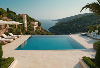 Fototapeta premium A beautiful white house with a refreshing pool in front