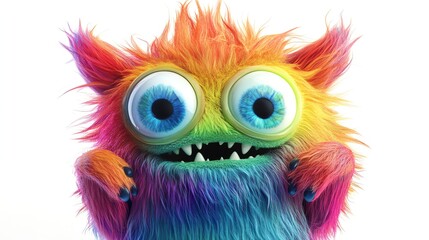 Fototapeta premium A colorful, furry monster with large blue eyes smiles at the camera.