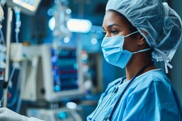A nurse in a surgical mask and cap focuses intently on adjusting medical equipment in a dimly lit hospital, ensuring the best care for patients during night shifts.