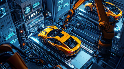 Fototapeta premium Overhead view of advanced robotic arms assembling electric cars, glowing control screens, automated green energy production line in a modern factory, ultra-realistic, precise details