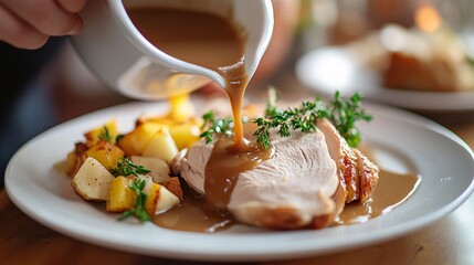 Festive Thanksgiving Dinner Scene - Person Pouring Delicious Gravy over Turkey Slice on Plate