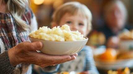 Generational Bonding: Grandparent Passing Mashed Potatoes to Child at Thanksgiving Dinner