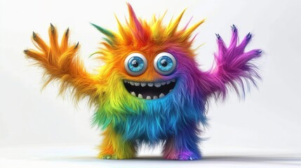 Naklejka premium A colorful, furry monster with big, happy eyes smiles and waves with both hands.
