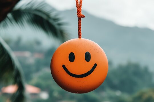 Bright orange smiley face swinging outdoors with mountain backdrop