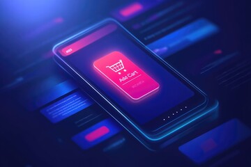 Futuristic mobile shopping interface with neon add to cart button